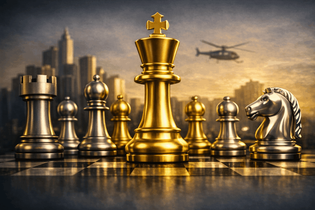 Strategic leadership, positioning and high‑level decision‑making symbolized by a gold king on a chessboard.