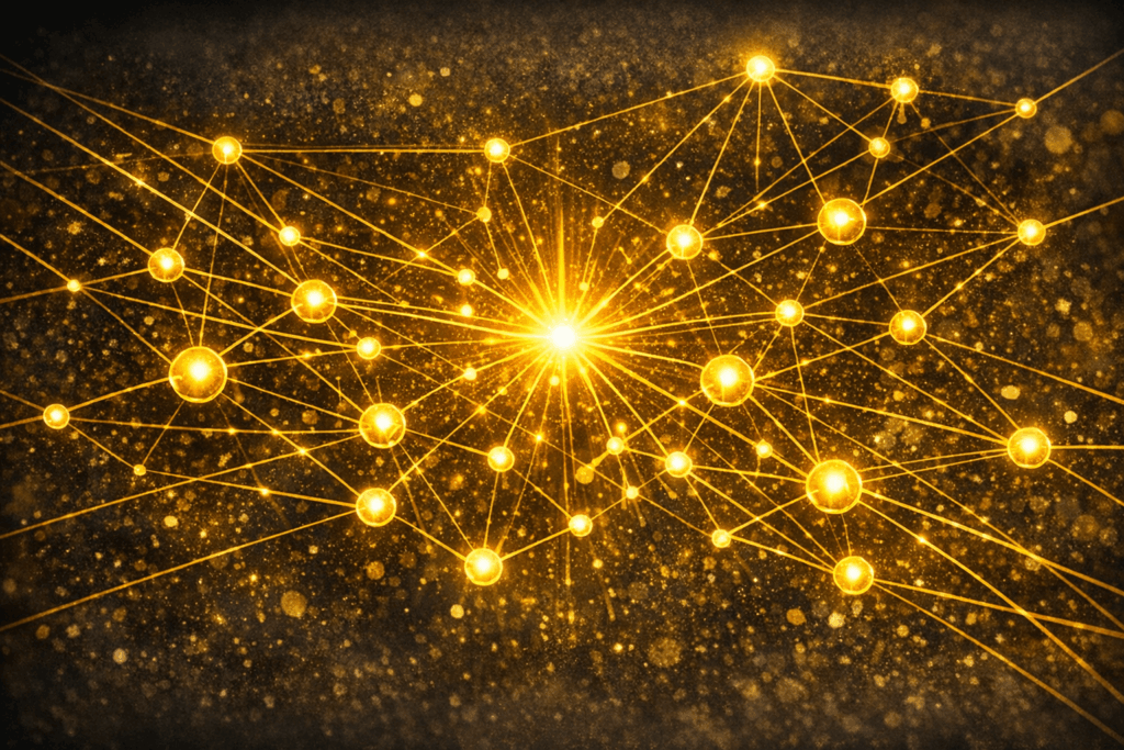 Visuelle Darstellung eines vernetzten Expertennetzwerks mit zentralem Knotenpunkt und goldenen Verbindungslinien.